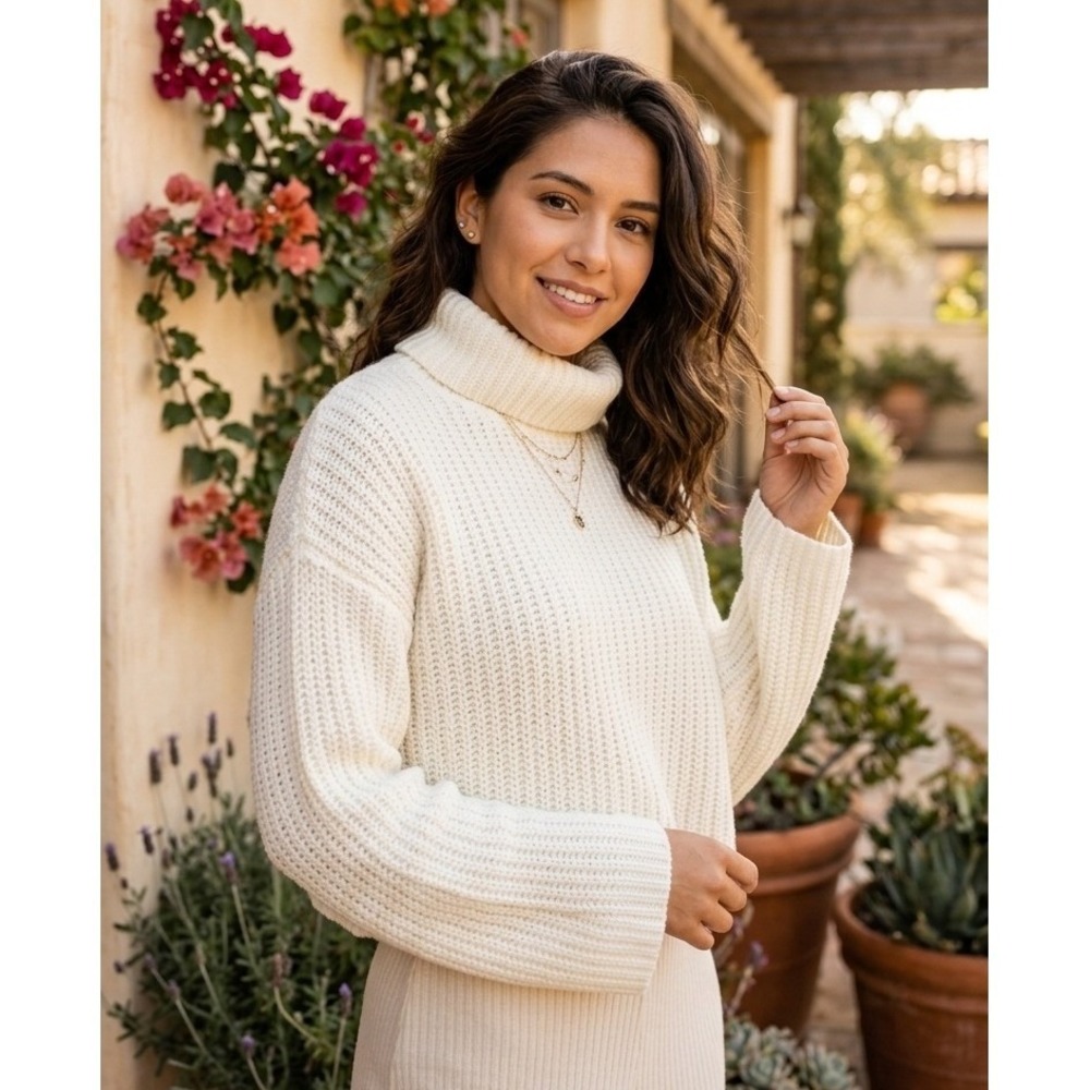 Adika Young Cream Chunky Knit Turtleneck Cropped Sweater OS 10-12